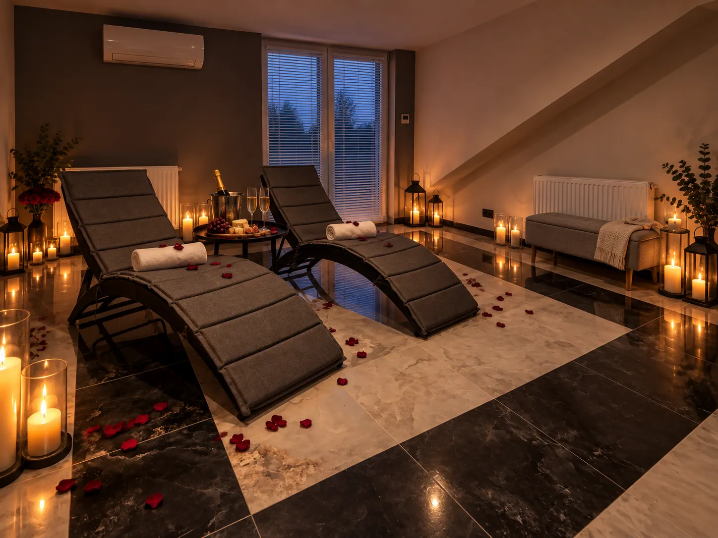 Leżanki i świece w prywatnej strefie SPA