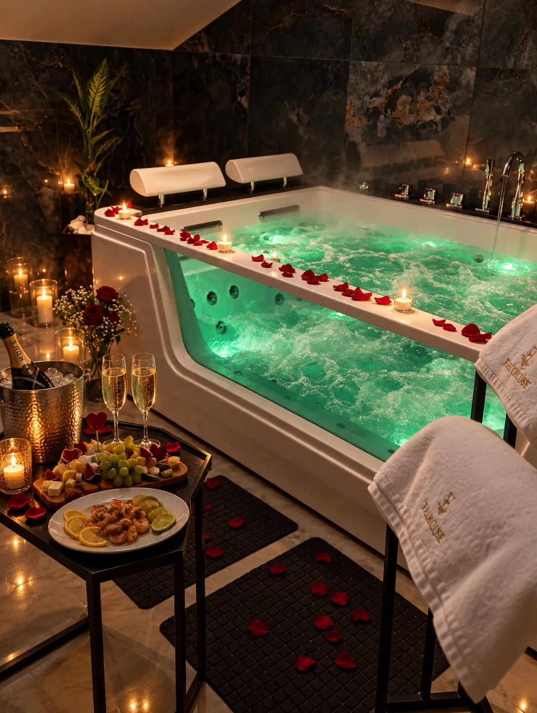 Jacuzzi ze świecami i romantycznym poczęstunkiem